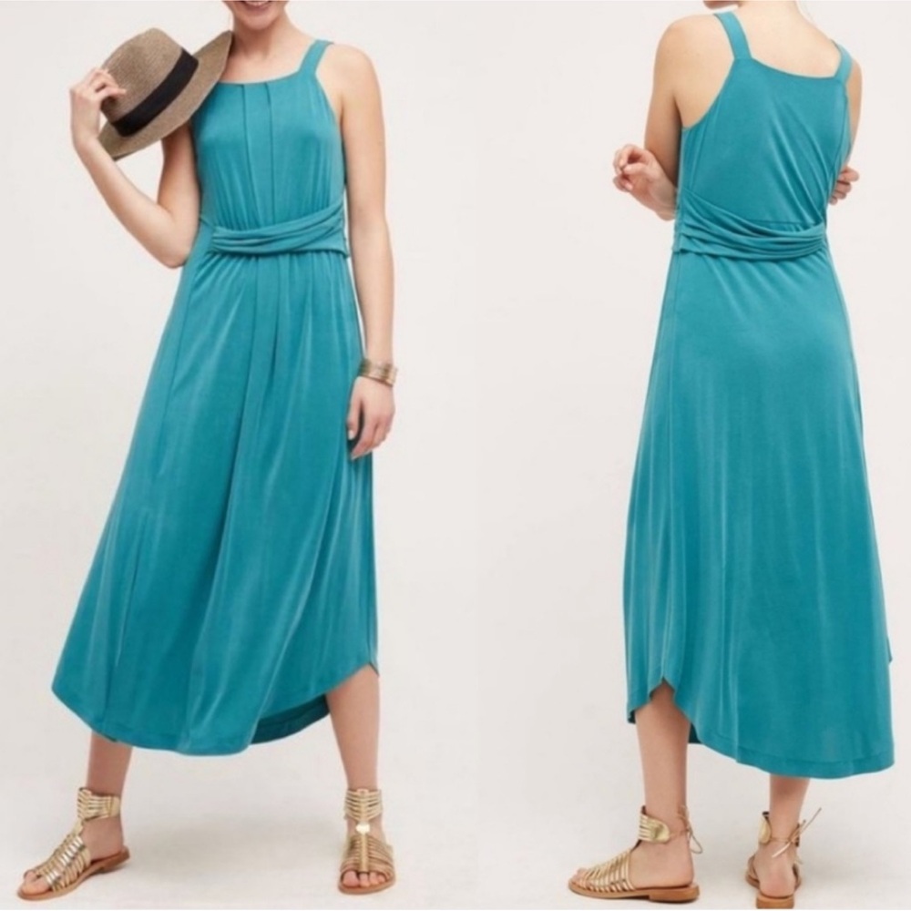 Anthropologie Maeve Azores Halter Dress Teal Sleeveless Drapey Maxi Side Slit-S
